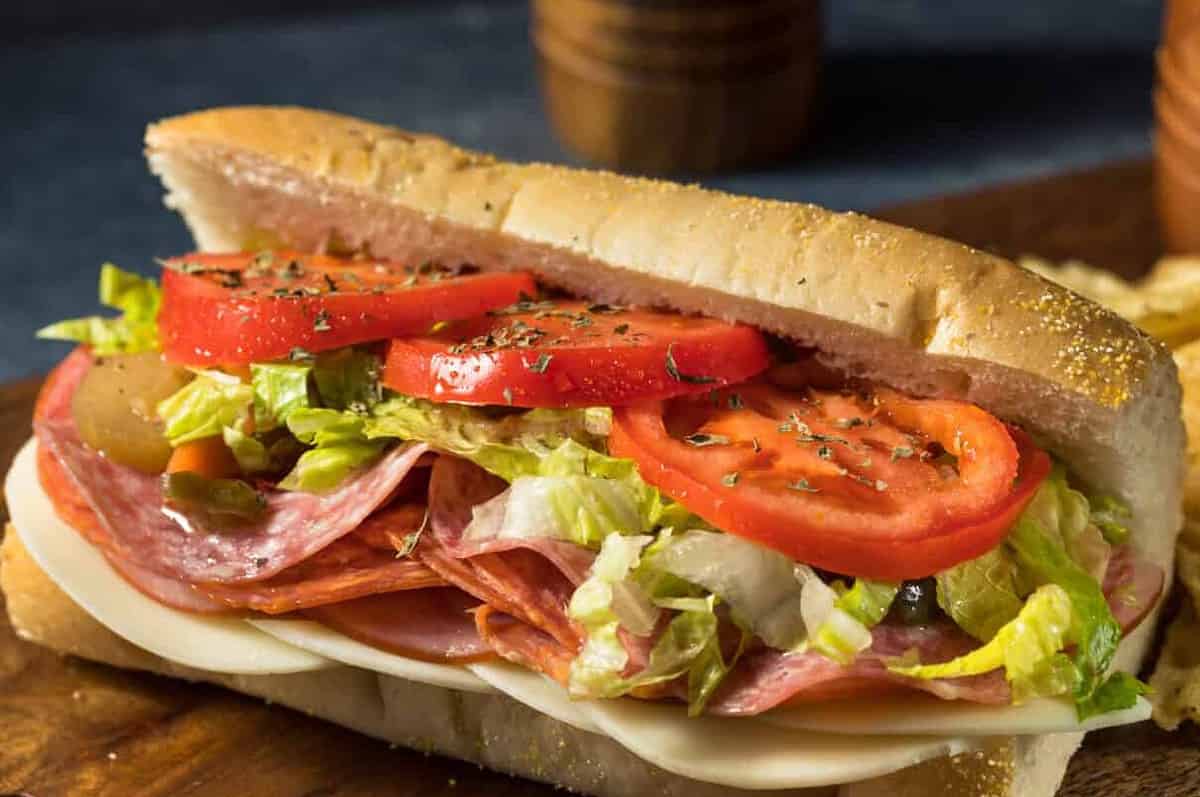 Homemade Cold Cut Italian Sub Sandwich with Salami Lettuce and Tomato