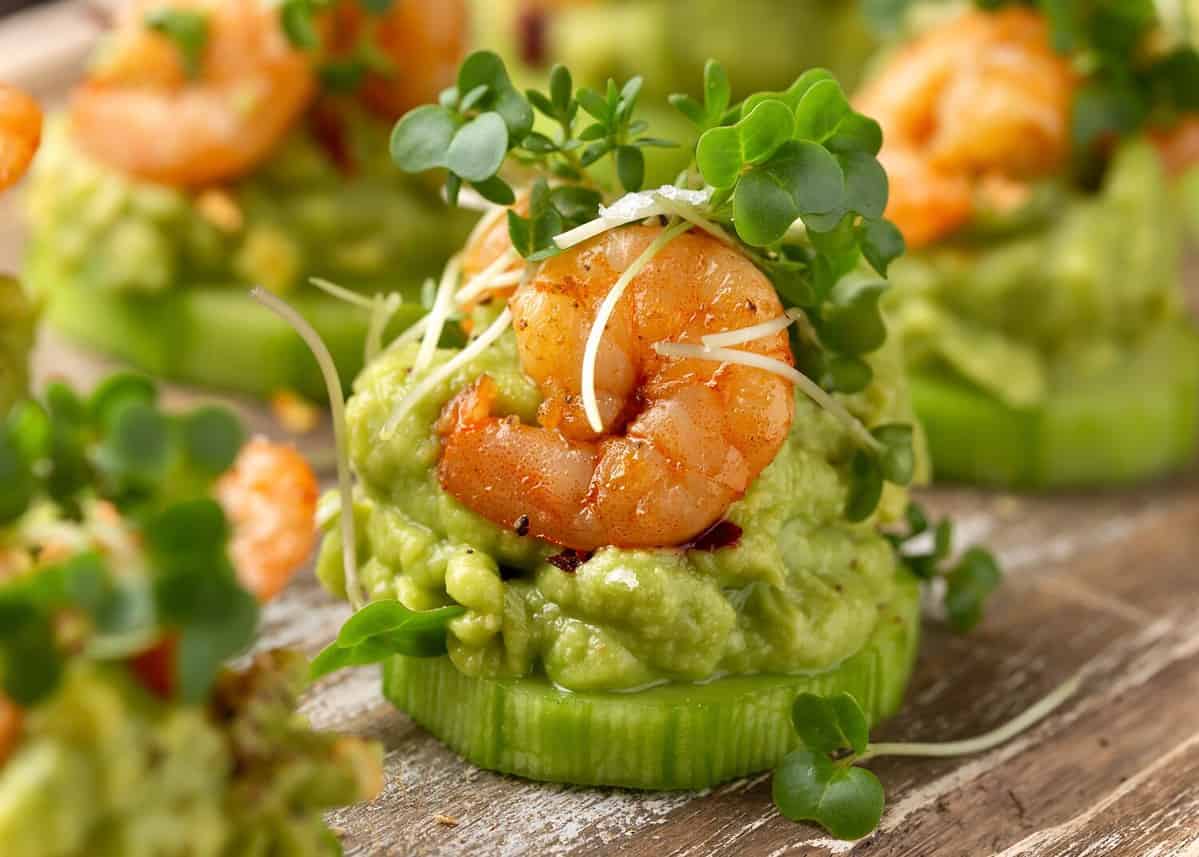 Canape with prawn, cucumber and avocado guacamole, party food, finger food