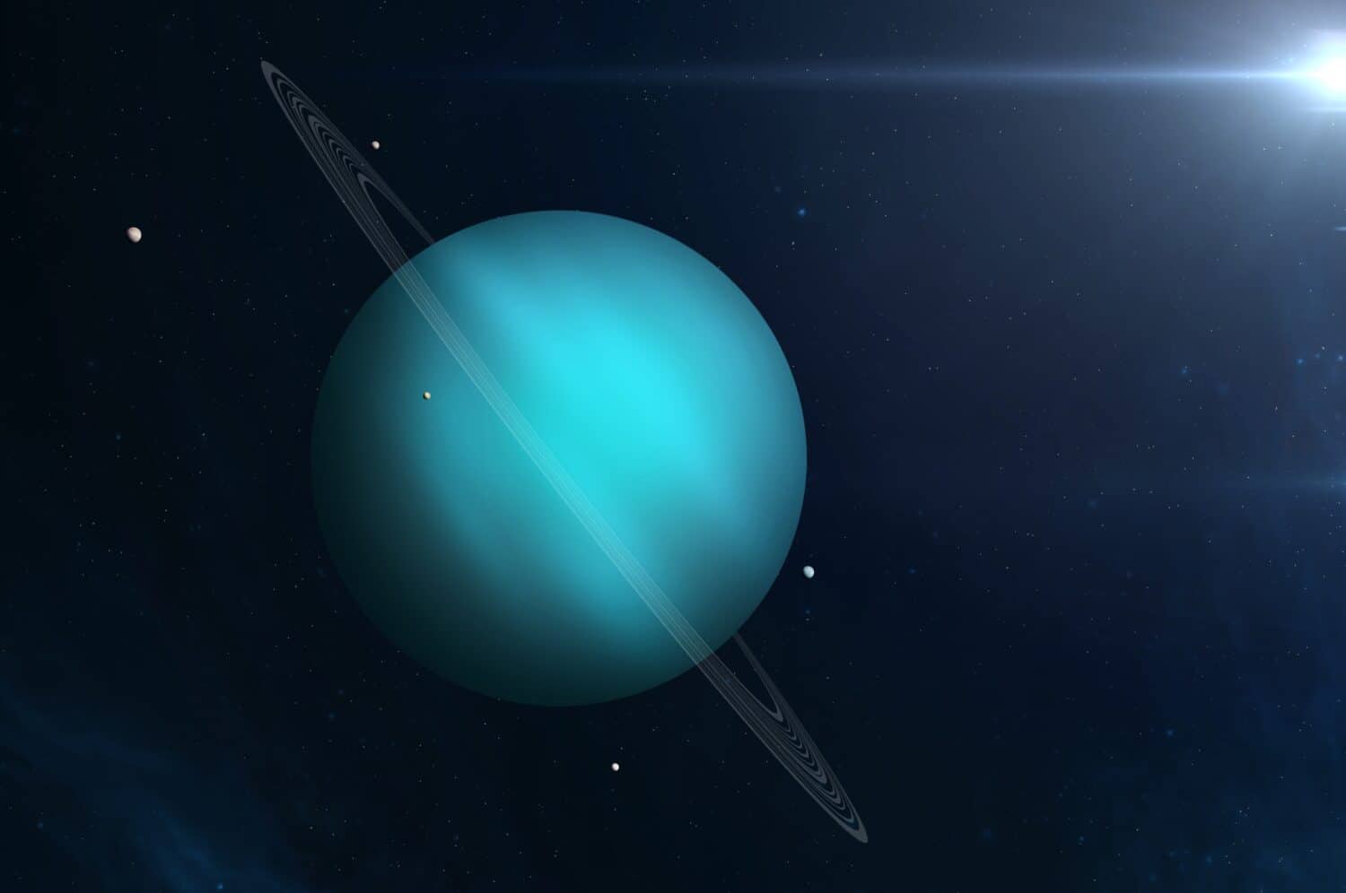 View of planet Uranus from space. Uranus - ice giant planet, thirteen rings and the five main satellites are Miranda, Ariel, Umbriel, Titania, and Oberon. This image elements furnished by NASA.