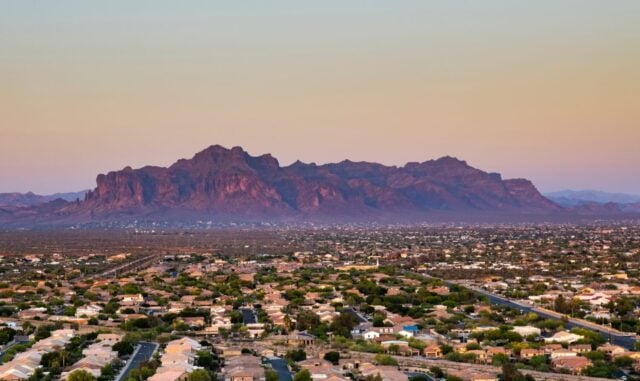 Landscape photograph taken at sunset from Brown Mountain looking at the Superstition Mountains in Mesa, Arizona.