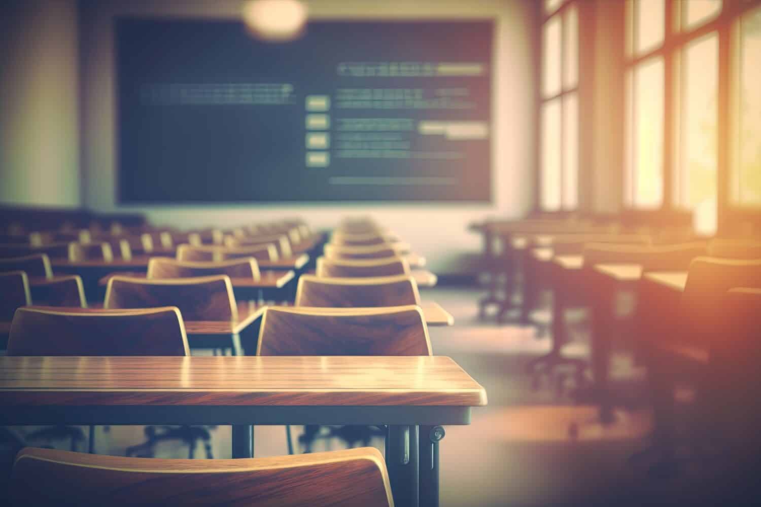 Empty defocused university classroom. Blurred school classroom without students with empty chairs and tables. Business conference room