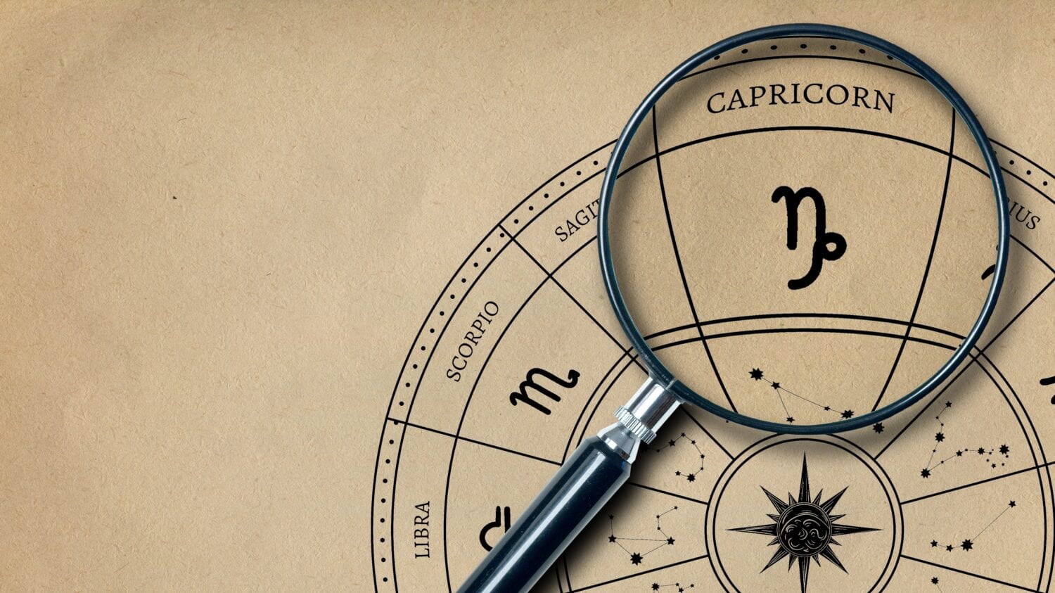 The imprint of the zodiac sign Capricorn on old paper is enlarged with a lens