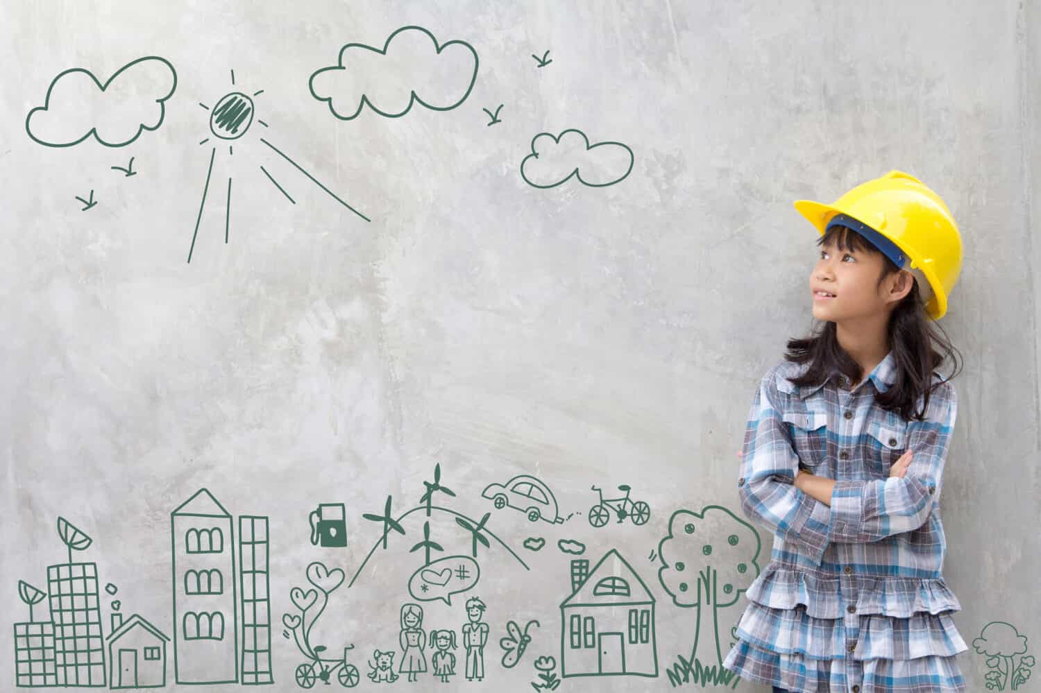 Little girl engineering with creative drawing environment with happy family, eco friendly, save energy, against a brick wall