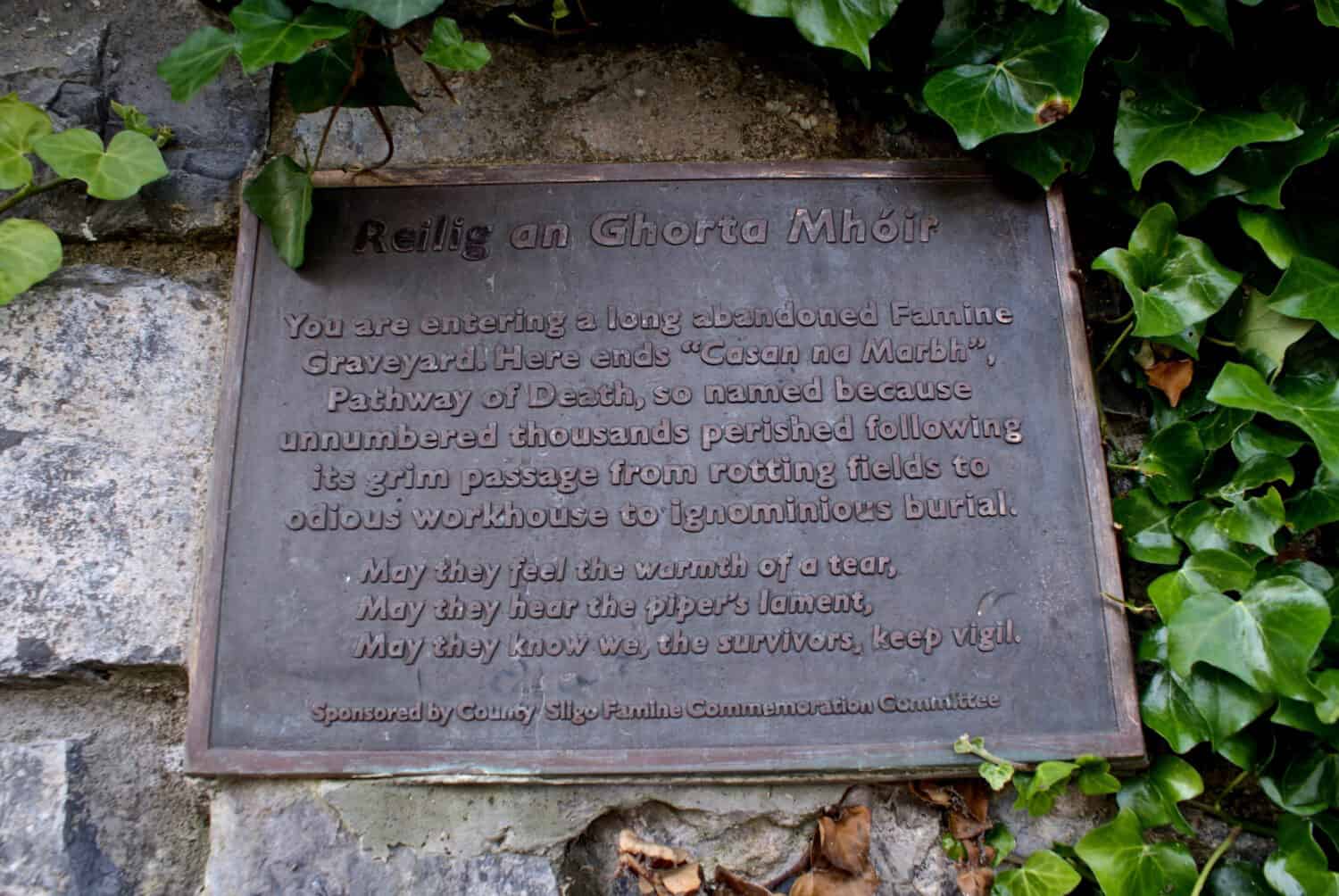 An famine graveyard site in Ireland features a plaque lamenting the fate and honoring the memory of the Great Hunger's victims during the misnamed "potato famine" 1845-51.
