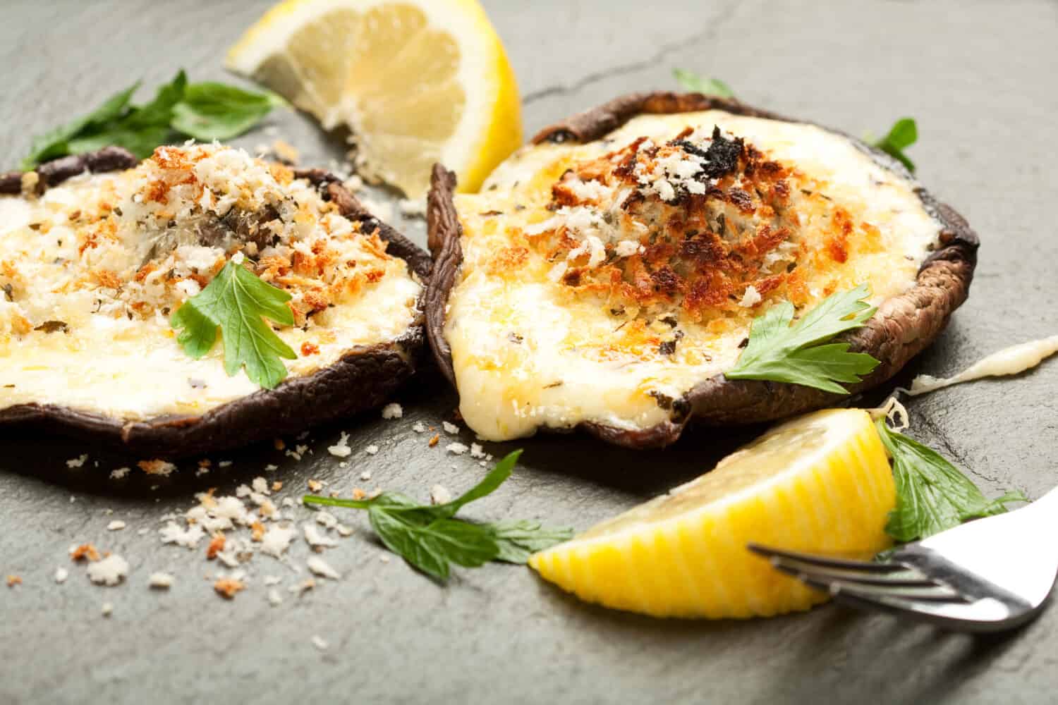 Mushrooms stuffed with four cheeses and topped with crispy panko bread crumbs