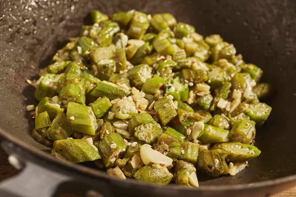 cut okra and garlic pan fried in olive oil