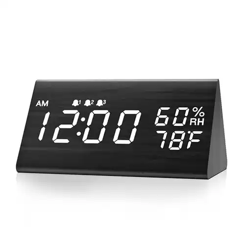 Digital Alarm Clock, with Wooden Electronic LED Time Display, 3 Alarm Settings, Humidity & Temperature Detect, Wood Made Electric Clocks for Bedroom, Bedside (Black)