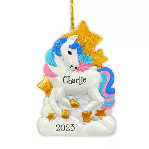 Personalized White Unicorn with Pink and Purple Hair Mane and Gold Stars Hanging Christmas Tree Ornament with Your Choice of Custom Name and Year