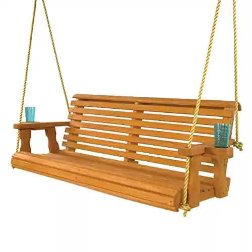 Amish Casual Heavy Duty 800 Lb Roll Back Treated Porch Swing with Hanging Ropes and Cupholders (4 Foot, Cedar Stain)