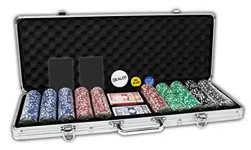 DA VINCI Professional Set of 500 11.5 Gram Casino Del Sol Poker Chips with Denominations, 2 Decks of Plastic Playing Cards, 2 Cut Cards & 3 Dealer Buttons (Silver Aluminum Frame Case)