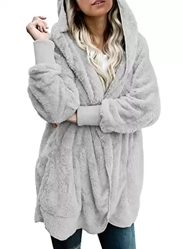 Dokotoo Womens Cozy Female Casual Oversized Fuzzy Fluffy Sherpa Winter Faux Fur Open Front Long Sleeve Fleece Hoodies Cardigan Sweater Jacket Coat Outerwear Grey Medium