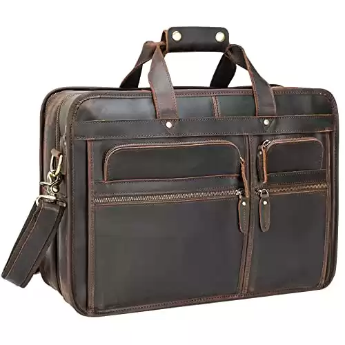 Polare 17'' Full Grain Leather Briefcase Laptop Attache Case Messenger Bag For Men Fits 15.6'' Laptop