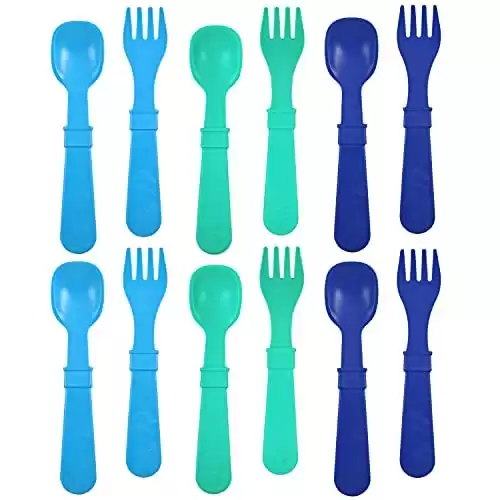 Re Play Made in USA Toddler Forks and Spoons, Pack of 12 Without Carrying Case - 6 Kids Forks with Rounded Tips and 6 Deep Scoop Toddler Spoons - 0.2" Thick Toddler Utensils, True Blue