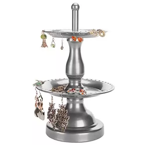 MyGift 2-Tier Silver Metal Jewelry Organizer Stand, Fountain Design Hanging Earring Holder with 40 Holes and Ring Dish