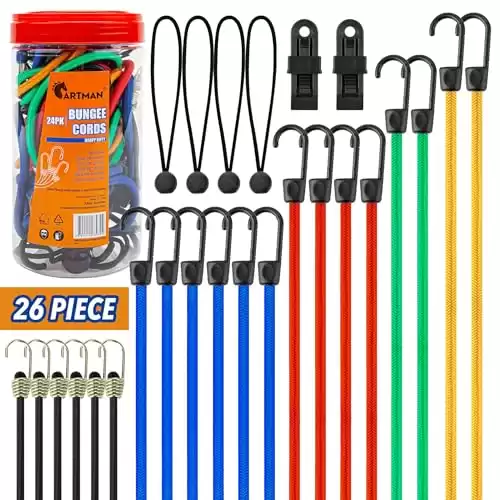 Cartman 24 Piece Bungee Cords with 2 Free Tarp Clips Assortment Jar Includes 10" 18" 24" 32" 40" Bungee Cord with Hooks and 8" Canopy Tarp Ball Ties