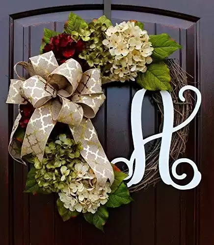 Hydrangea Monogram Initial Front Door Wreath with Bow Options and Cream, Ruby Red, and Moss Green Hydrangeas on Grapevine Base-Farmhouse Style Rustic French Door Decor