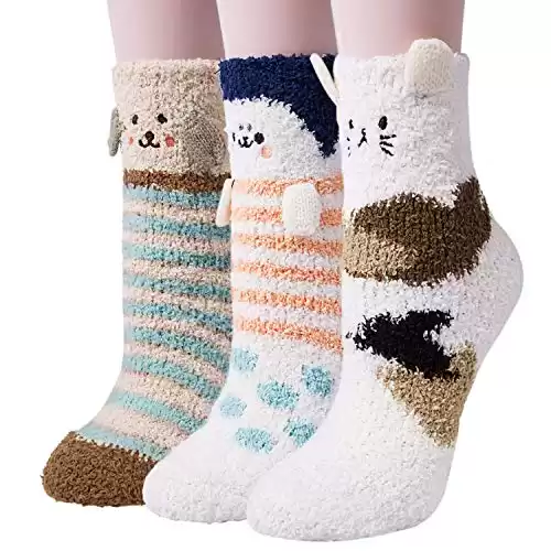 Loritta 3 Pairs Womens Fuzzy Socks Winter Warm Fluffy Soft Slipper Home Sleeping Cute Animal Socks,Cute Animal