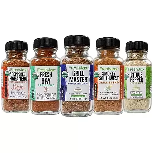 FreshJax Seasoning Gift Set | Pack of 5 Organic Grilling Premium Spices and Seasonings for Cooking, and Grilling | Peppered Habanero, Fresh Bay, Grill Master, Smokey Southwest, and Citrus Pepper - Gri...