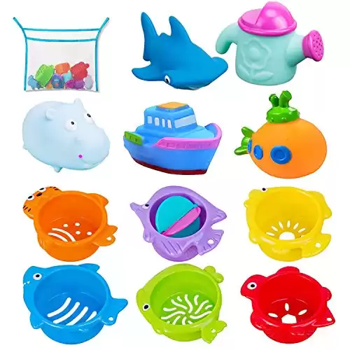 INNOCHEER Baby Bath Toys for Water Table, Toddler Water Toys with Bath Toys Stacking Cups, Quick Dry Organizer Net, 13 Pcs Early Educational Toy for Bathtub Game, Beach and Pool Party