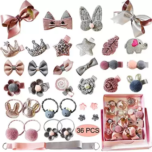Baby Girl's Hair Clips Cute Hair Bows Baby Elastic Hair Ties Hair Accessories Ponytail Holder Hairpins Set For Baby Girls Teens Toddlers, Assorted styles, 36 pieces Pack(Pink+Grey)