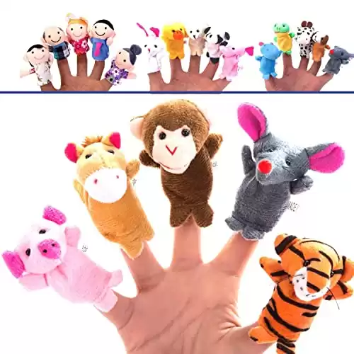 20-Piece Story Time Finger Puppets Set - Cloth Velvet Puppets - 14 Animals and 6 People Family Members