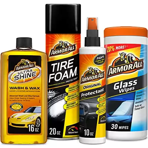 Armor All Car Wash and Car Cleaner Kit by Armor All, Includes Glass Wipes, Car Wash & Wax Concentrate, Protectant Spray and Tire Foam
