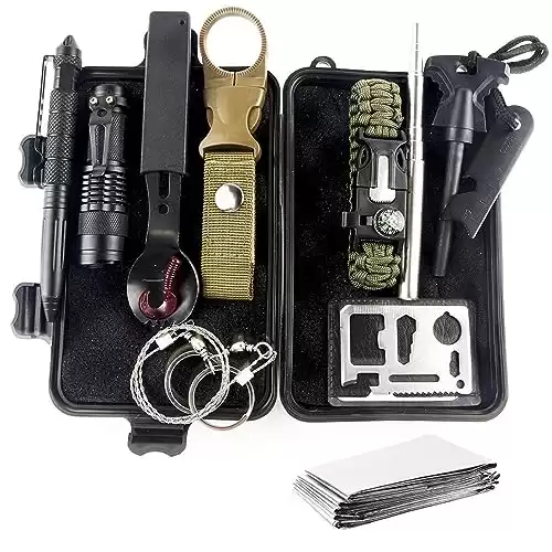 Survival Gear and Equipment, 17 in 1 Emergency Survival Kit, Professional Defense Tool with Blanket Bracelets Backpack Compass Fire Starter Hiking