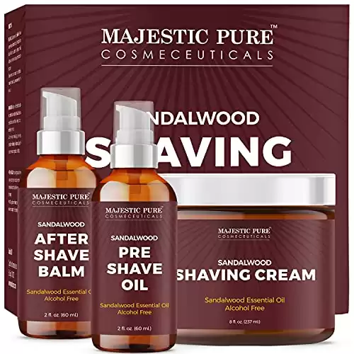 Majestic Pure Shaving Kit for Men with Sandalwood - Set Includes Pre Shave Oil, Shaving Cream, and After Shave Balm (3 Pieces), Gift Set