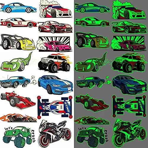 Ooopsiun Luminous Race Car Supplies Temporary Tattoos for Boys -12 Sheets Glow in The Dark RaceCar Tattoos Decorations Supplies Favors for Kids Boys Men