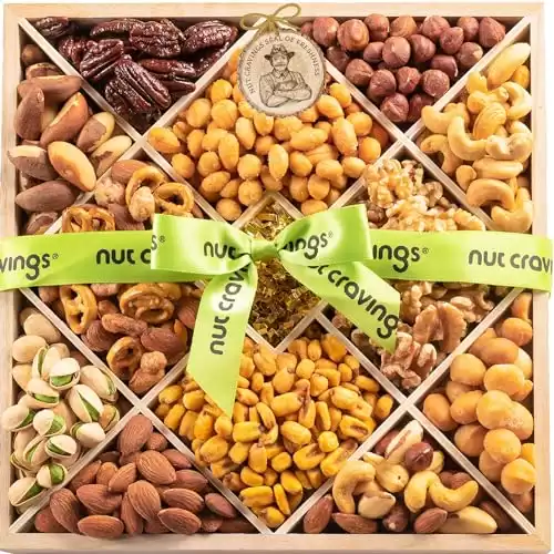 Nut Cravings Gourmet Collection - Diwali Mixed Nuts Gift Basket in Reusable Wooden Tray + Green Ribbon (12 Assortments) Food Bouquet Platter, Bday Care Package Healthy Kosher Snack Box, Women Men
