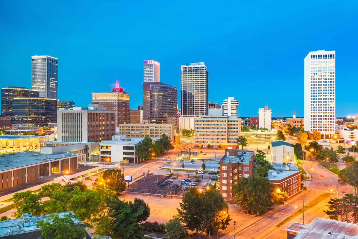 Tulsa, Oklahoma, USA downtown city skyline at twilight.