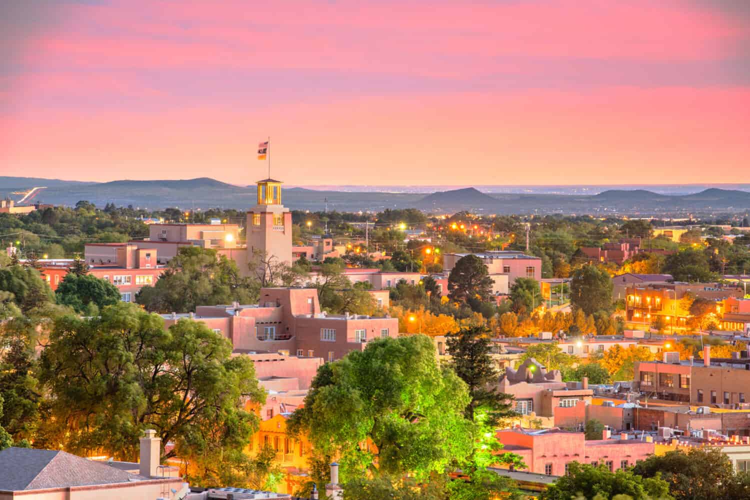 Santa Fe, New Mexico, USA downtown skyline at dusk.