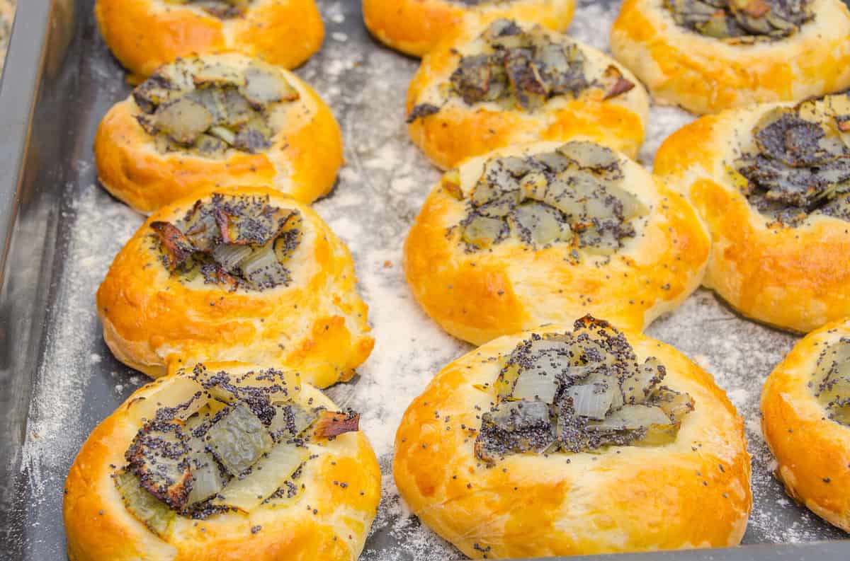 Jewish "bialys" (kind of knishes or bagels) with onion and poppy seed, also known in Poland as "cebularz lubelski", Lublin region local specialty originating from Jewish community