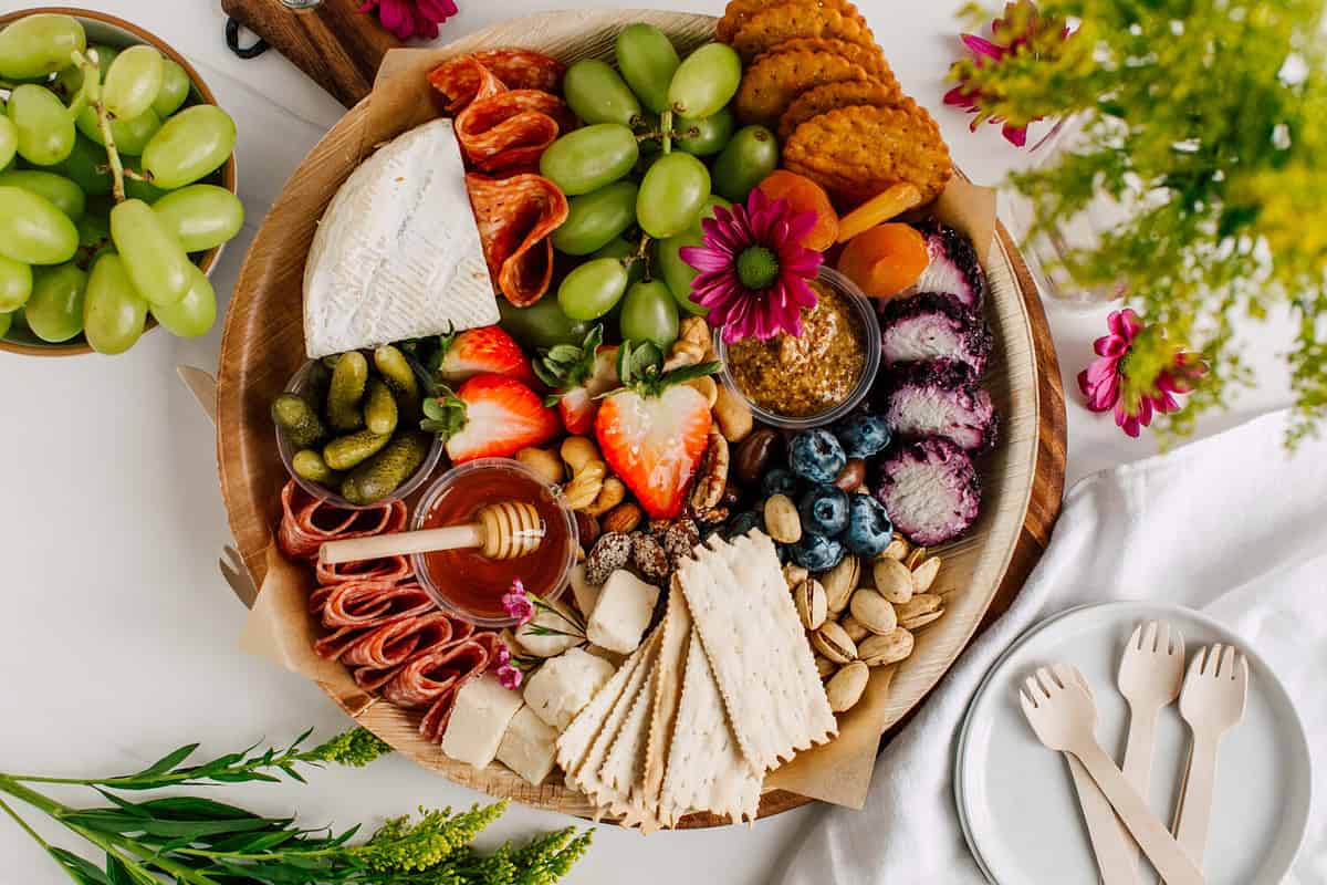 Bright and Colorful Charcuterie Boards and Boxes Fruit, Meat and Cheese