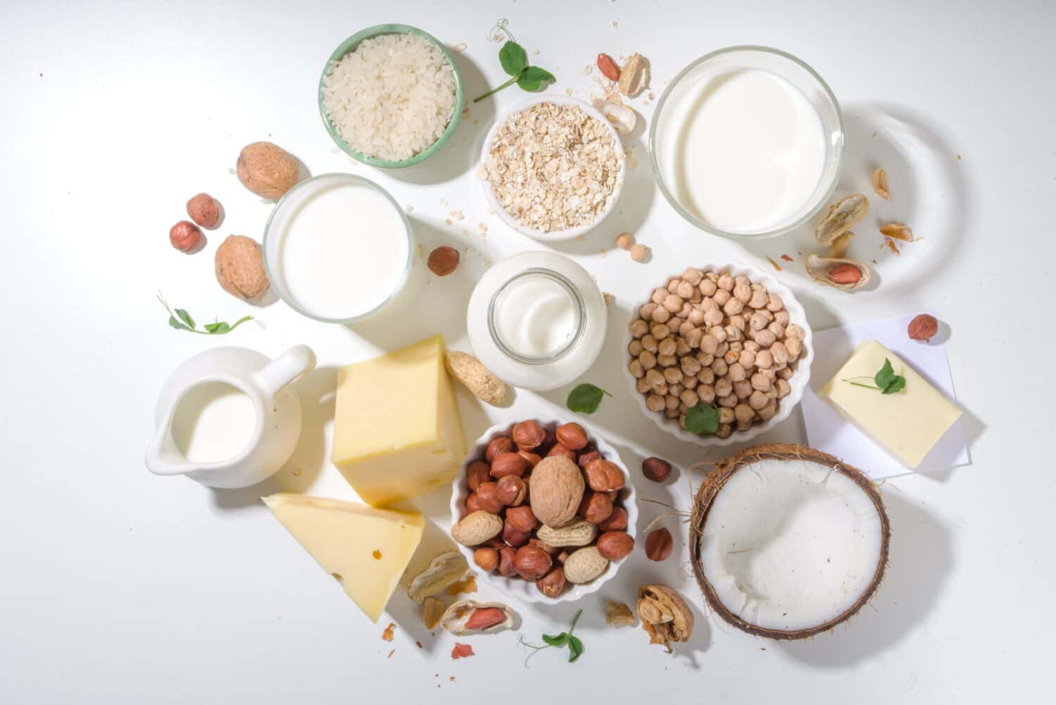 Vegan non-dairy products. Plant-based alternative dairy products – milk, cream, butter, yogurt, cheese, with ingredients - chickpeas, oatmeal, rice, coconut, nuts