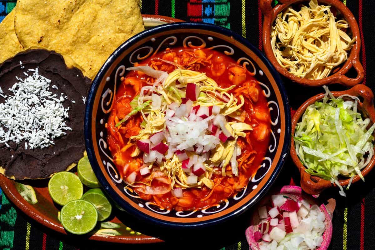 Typical Mexican dish, made of corn, spicy broth, chicken, meat, lettuce, onion and radishes. Known as Mexican Pozole iconic Mexican food