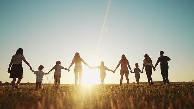 community large family in the park. a large group of people holding hands walking silhouette on nature sunset in the park. big family kid dream concept. people in the park. large sunlight family