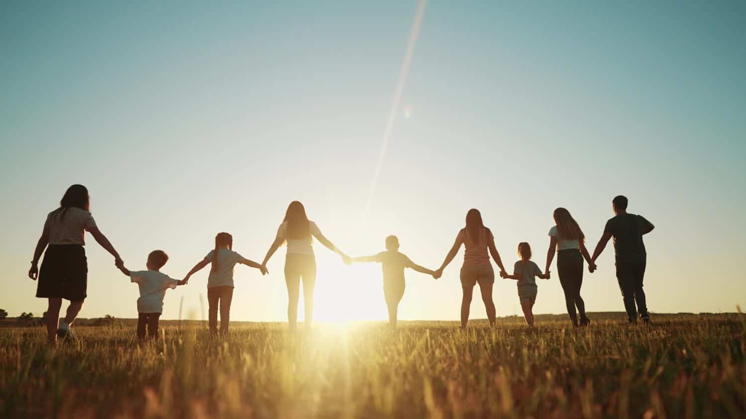 community large family in the park. a large group of people holding hands walking silhouette on nature sunset in the park. big family kid dream concept. people in the park. large sunlight family