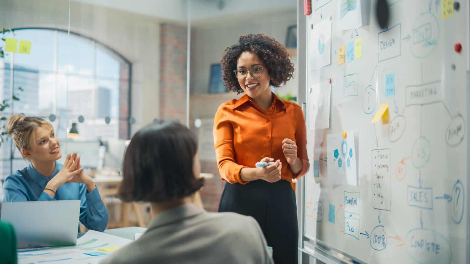 Diverse Office Conference Room Meeting: Successful Black Female Executive Director Presents e-Commerce Fintech Growth Statistics to a Group of Investors. Whiteboard with Big Data Analysis