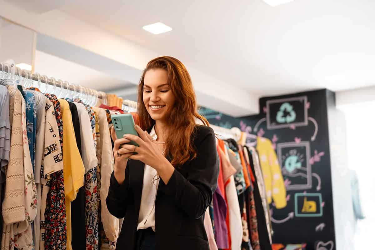 Brazilian businesswoman smiling happy and confident using smartphone at secondhand clothes shop.