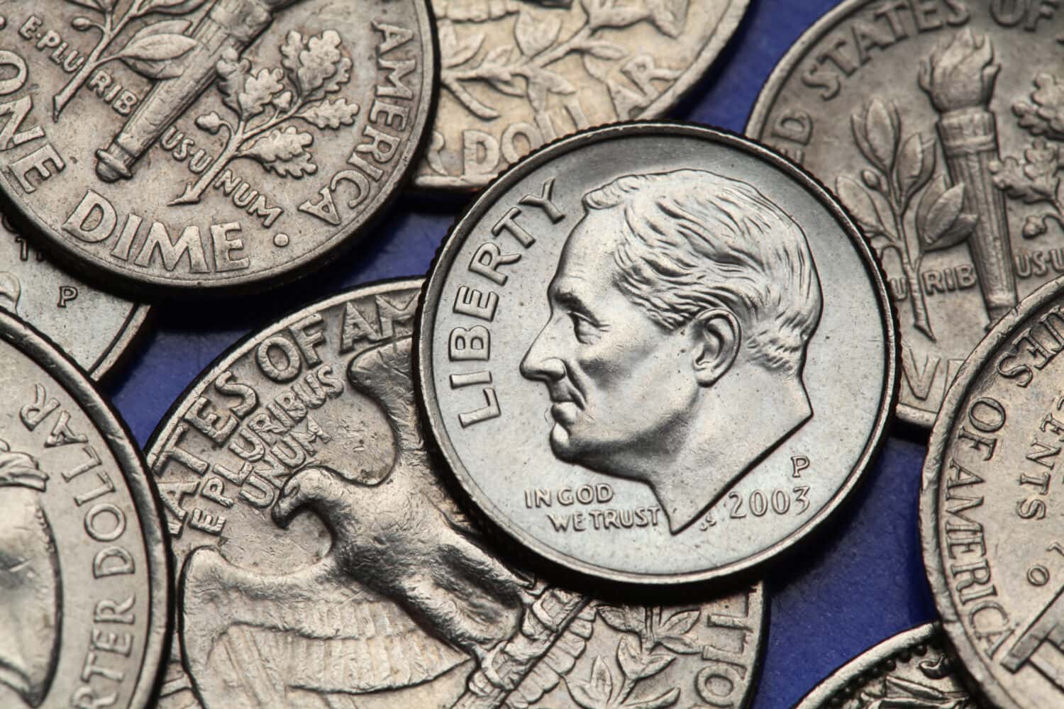 Coins of USA. Franklin D. Roosevelt depicted on the US dime coin.
