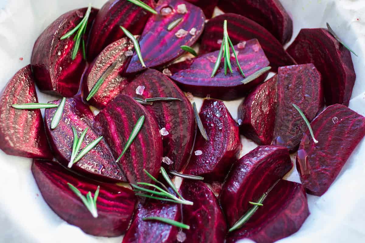 sliced beets for roasting with sea salt and rosemary