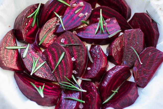 sliced beets for roasting with sea salt and rosemary