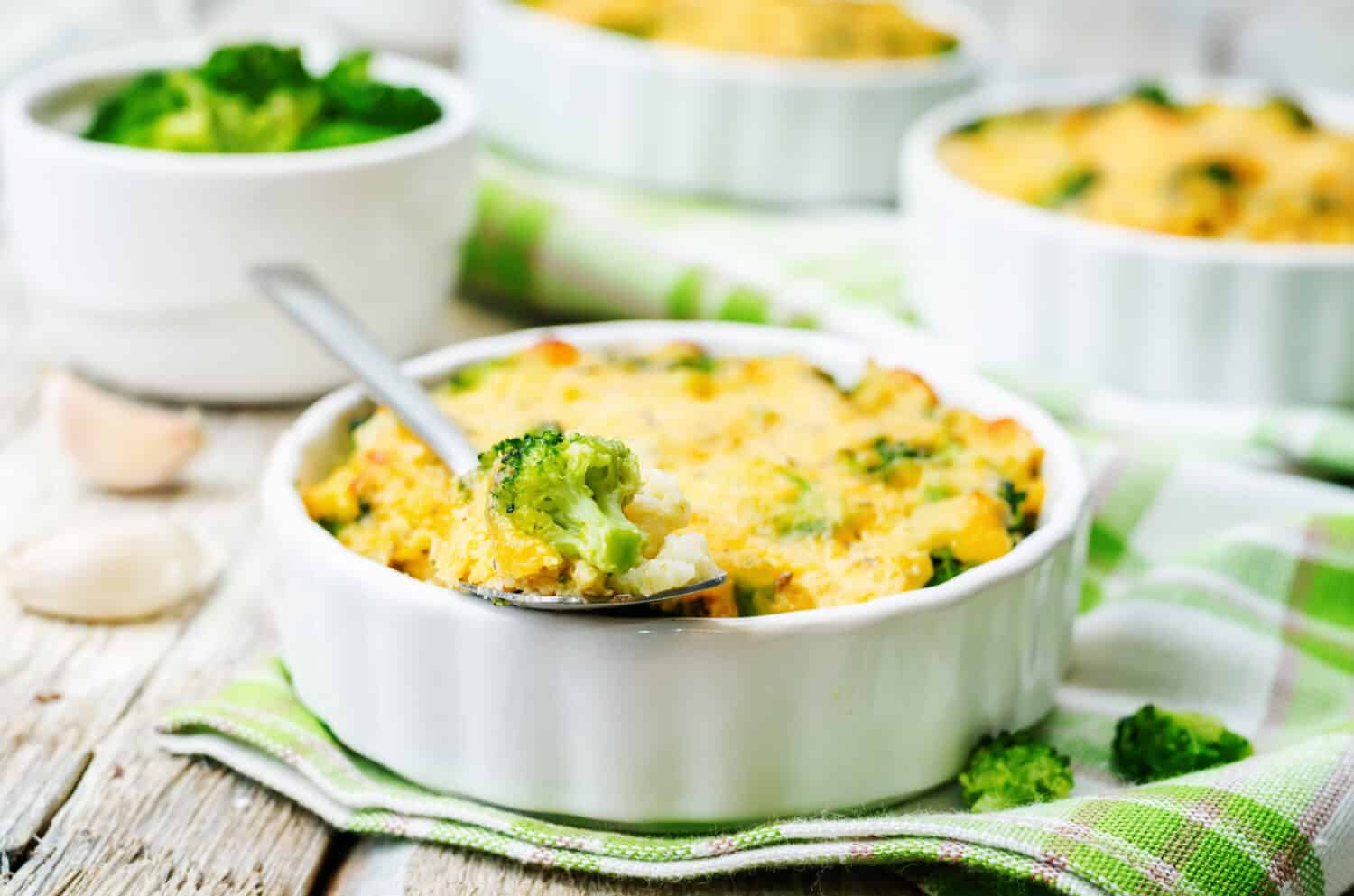 millet casserole with broccoli and cheese. the toning. selective focus