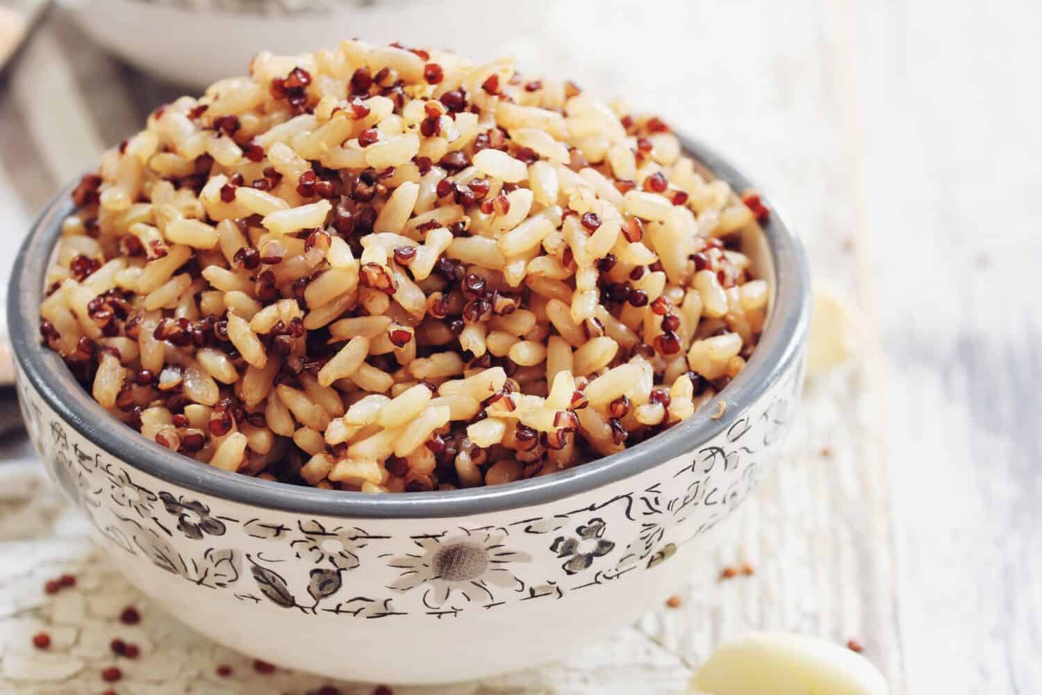 Cooked brown rice Quinoa bowl, selective focus