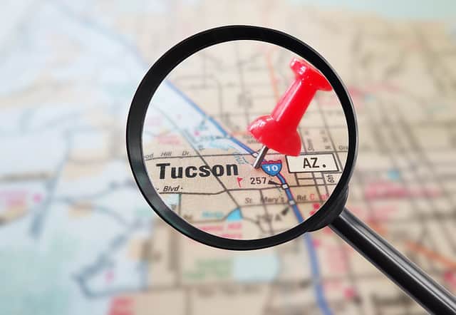 Magnified closeup of Tucson Arizona map with red pin