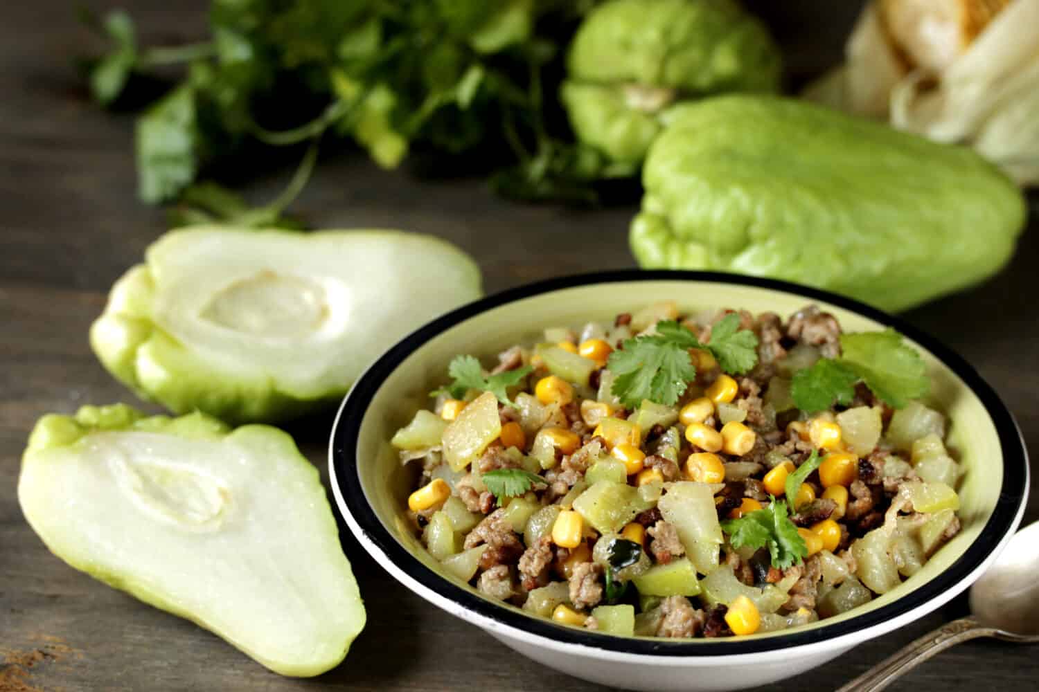 chayote dish with minced meat and corn. Latin American dish. mexican dish "Picadillo de chayote"