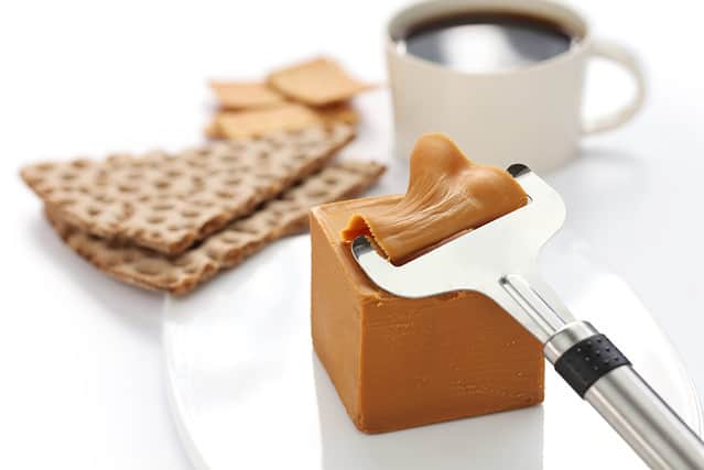 Scandinavian brown cheese, crispy bread and coffee