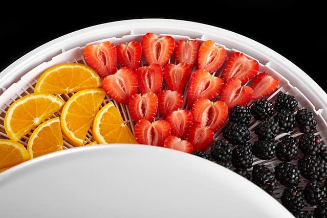 Fresh fruits, berries and mushrooms sliced in slices on a tray for drying or freezing.