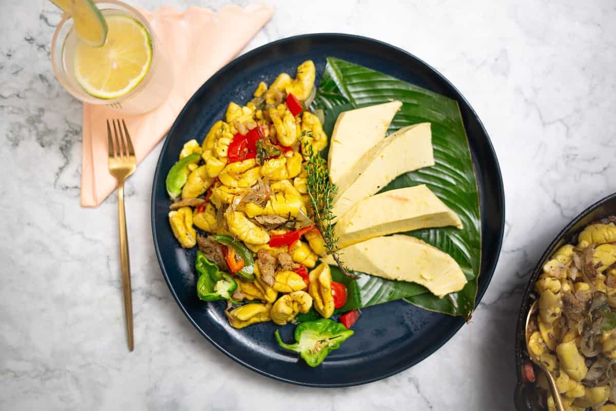 Vegan ackee and saltfish served with breadfruit